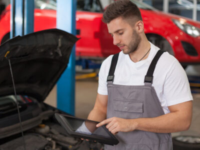 Mobile automotive technician checks out a car with his computer device with the clients garage reflecting in the car he is working on